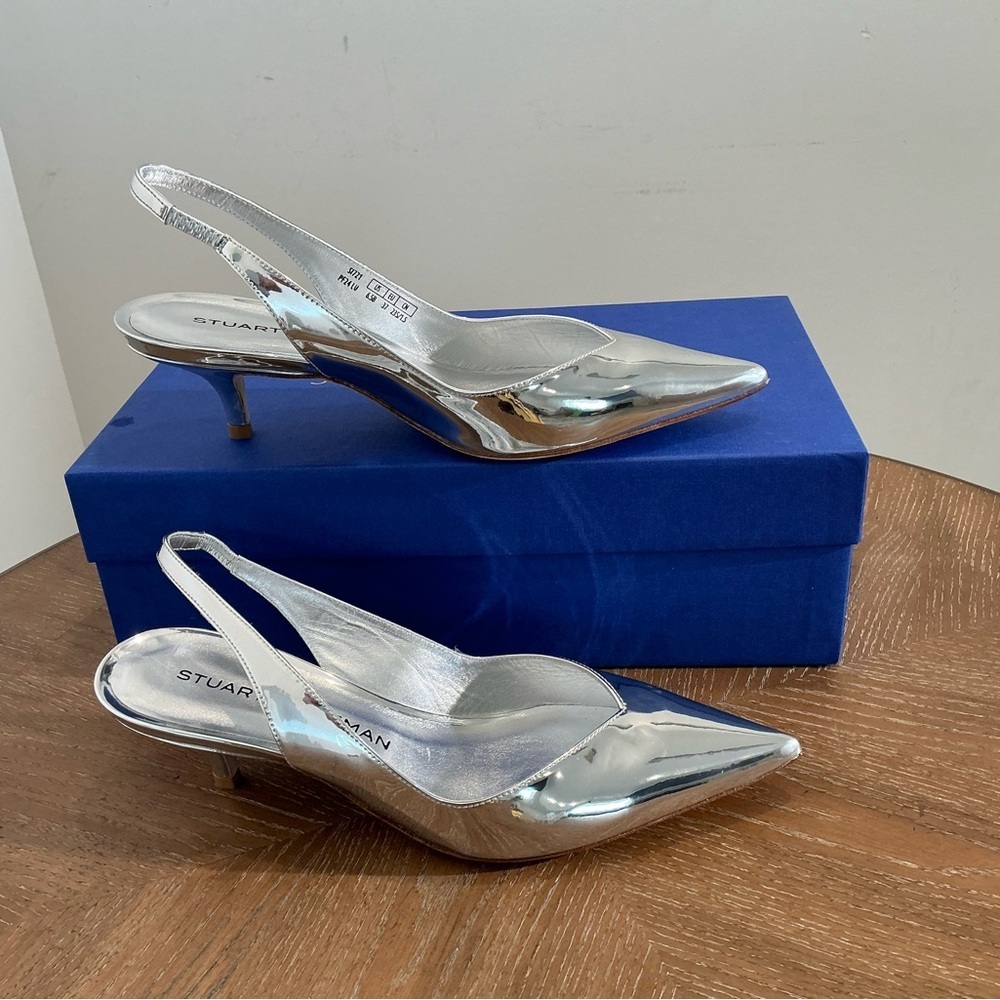 Stuart Weitzman Women Eva 50 Solid Slingback Heels Silver Specchio - Picture 2 of 3